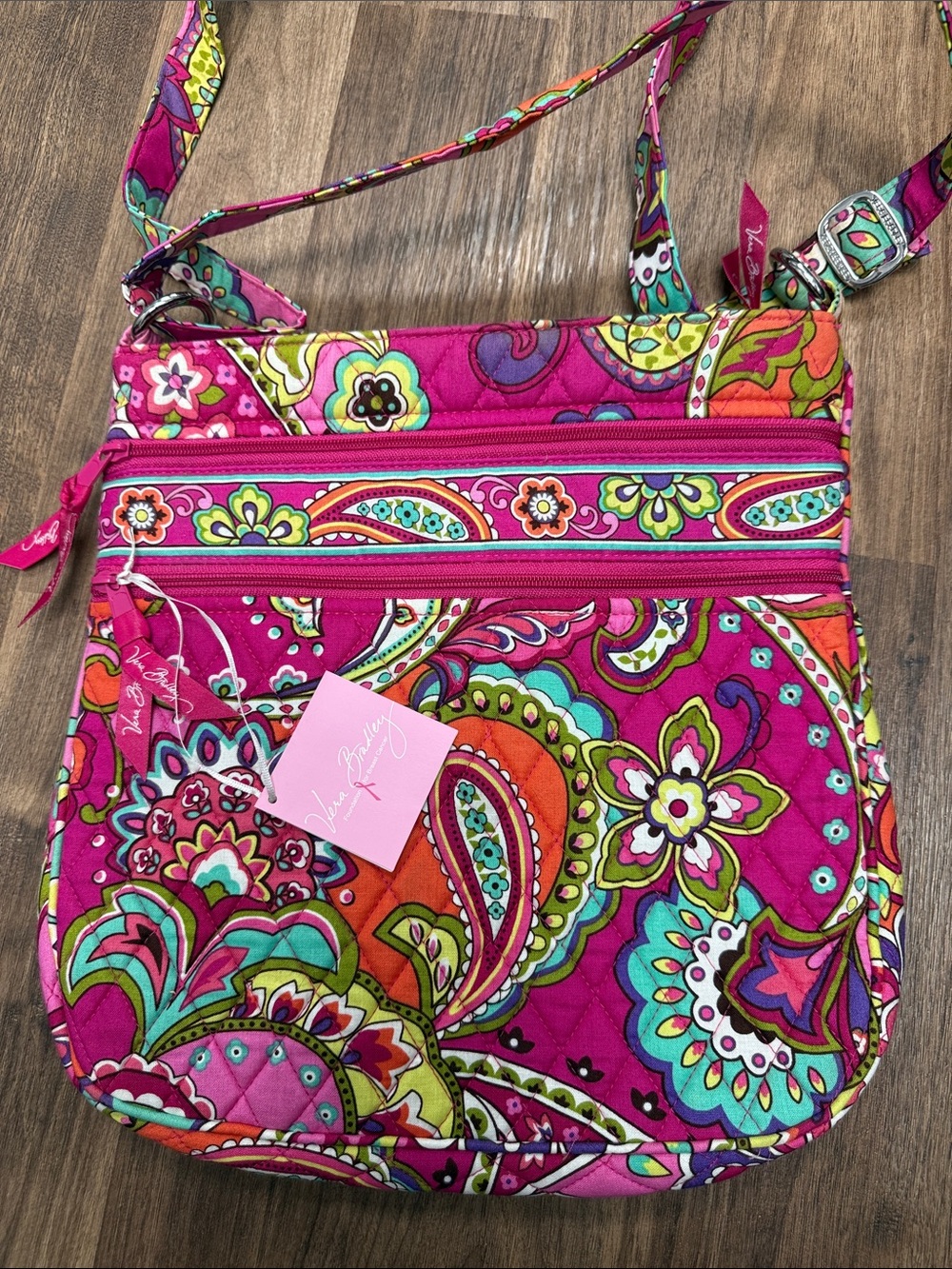 Bright Pink Triple Zip Hipster Pink Swirls Paisley Quilted Crossbody Bag